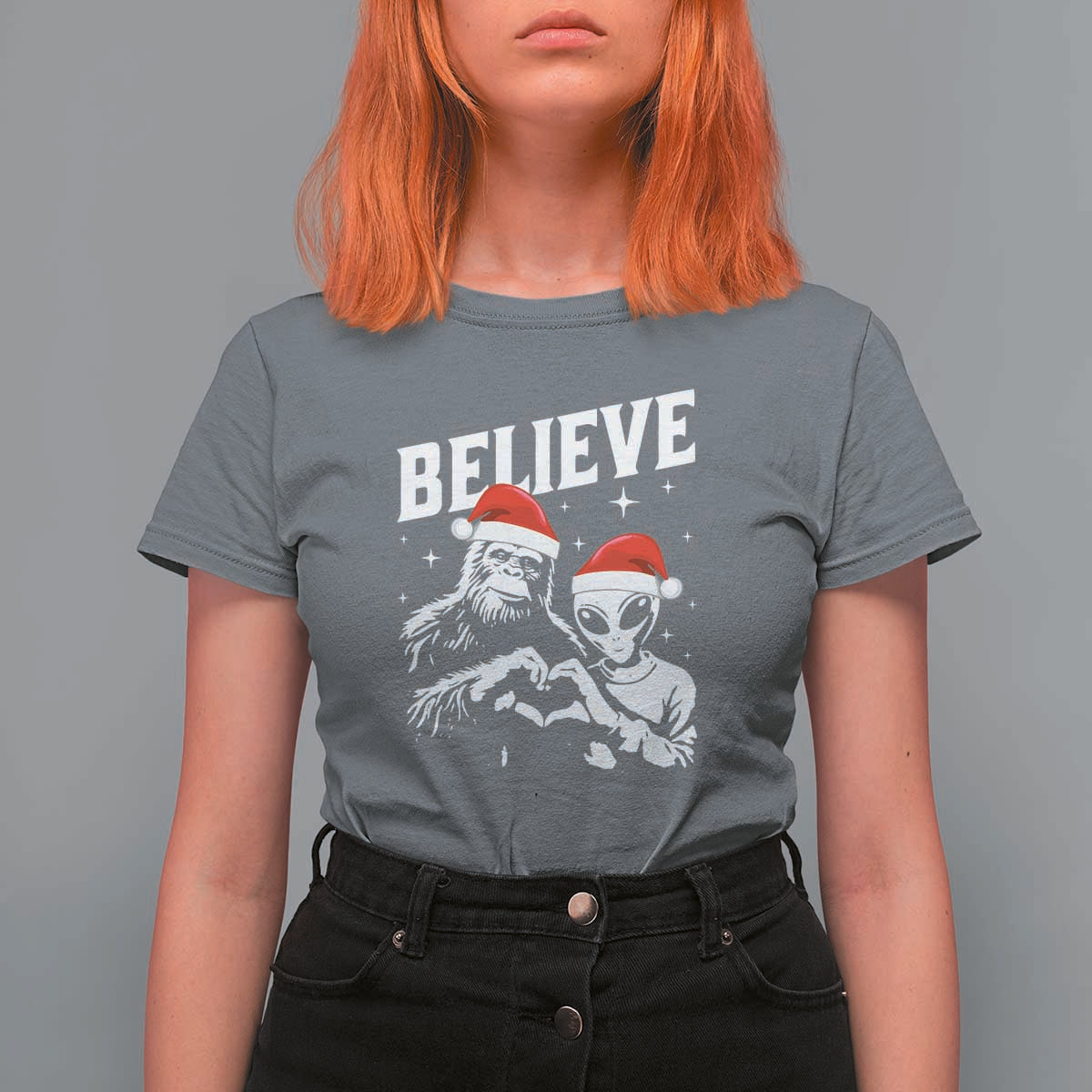 Alien And Bigfoot Christmas T Shirt For Women - Wonder Print Shop