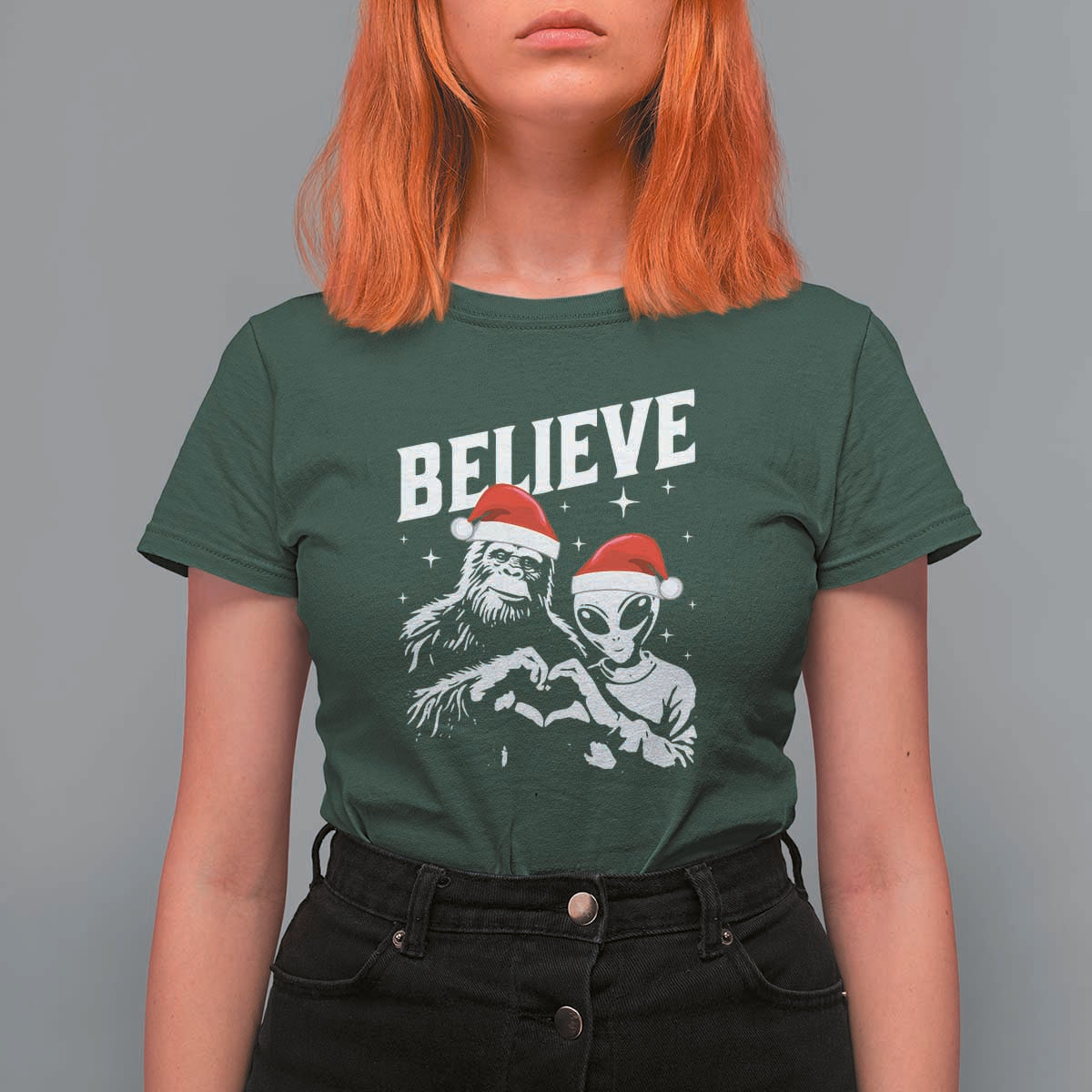 Alien And Bigfoot Christmas T Shirt For Women - Wonder Print Shop