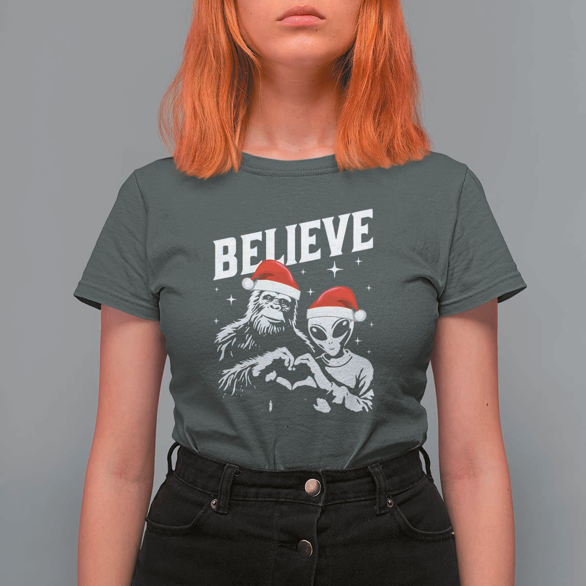 Alien And Bigfoot Christmas T Shirt For Women - Wonder Print Shop