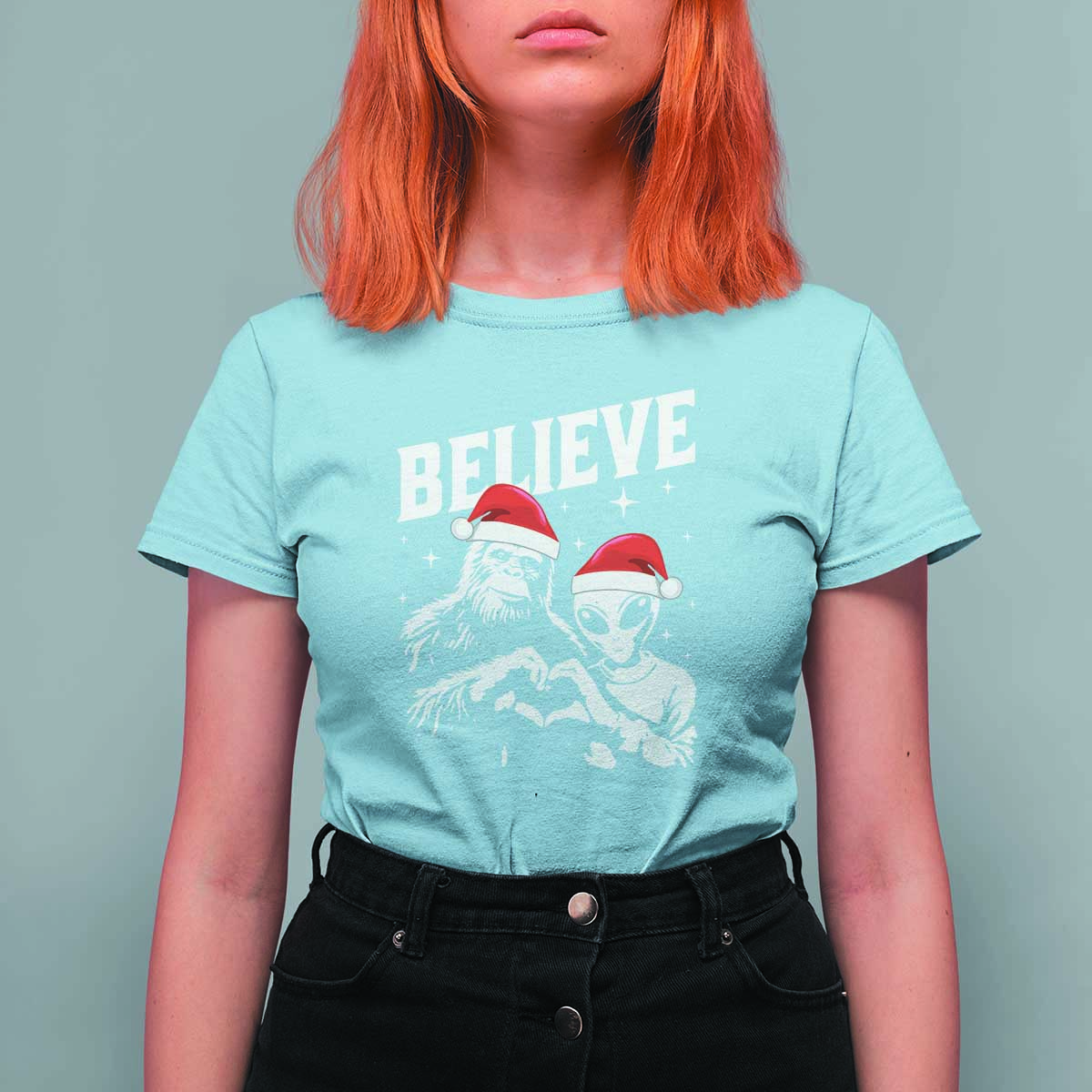 Alien And Bigfoot Christmas T Shirt For Women - Wonder Print Shop
