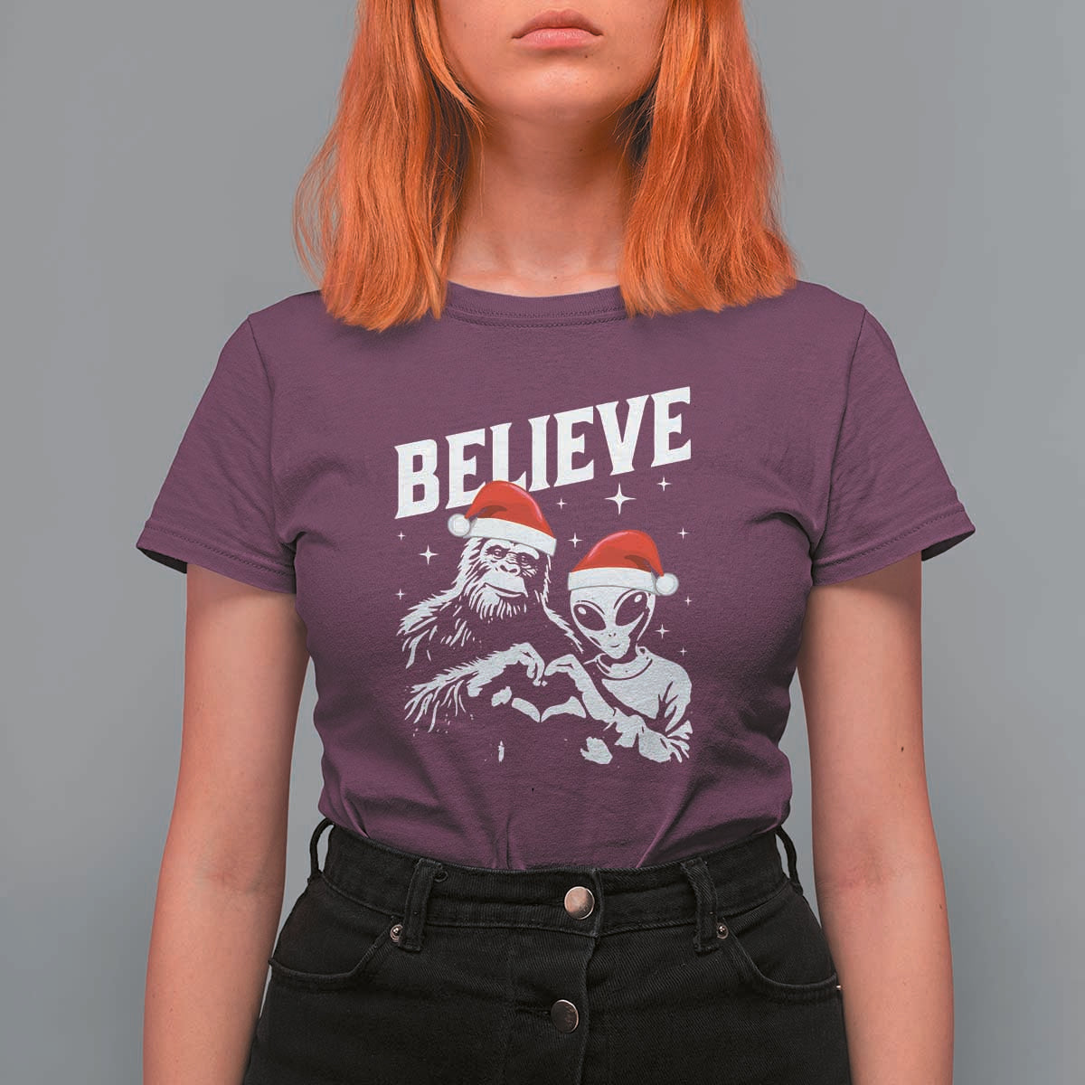 Alien And Bigfoot Christmas T Shirt For Women - Wonder Print Shop
