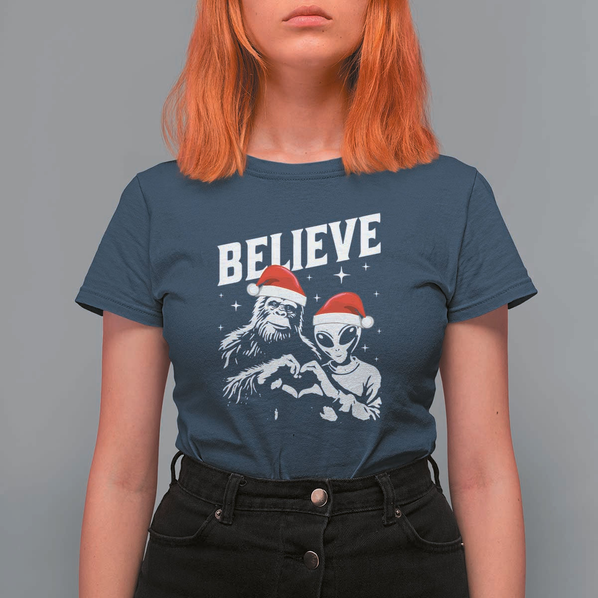 Alien And Bigfoot Christmas T Shirt For Women - Wonder Print Shop