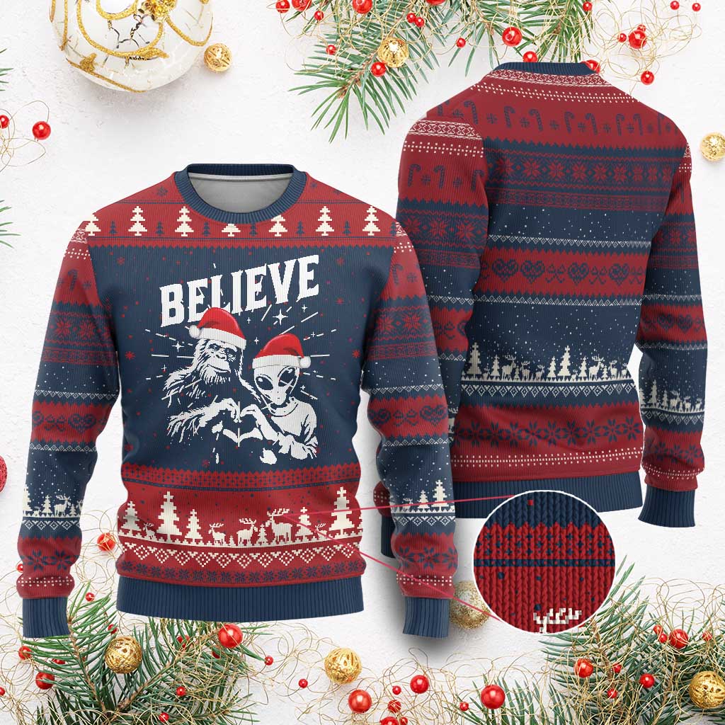 Alien And Bigfoot Ugly Christmas Sweater - Wonder Print Shop