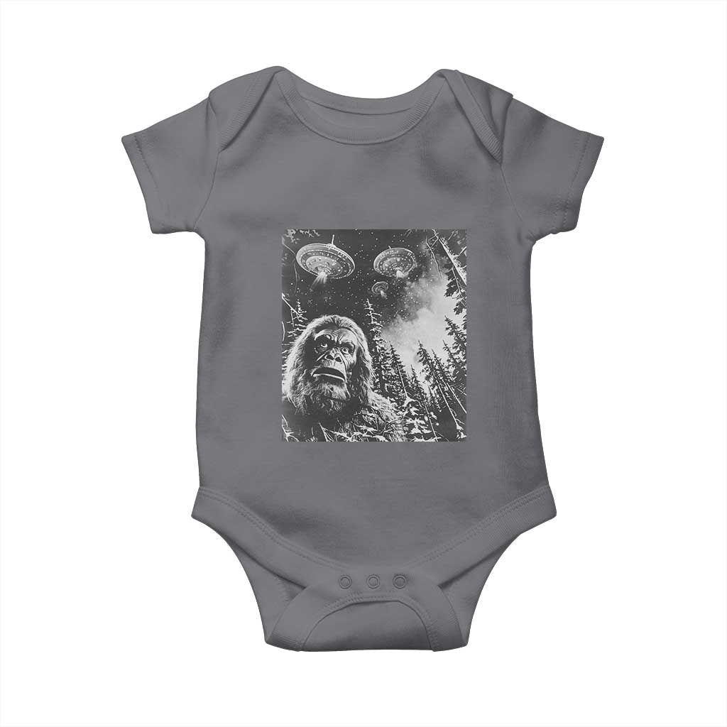 Funny Graphic Bigfoot Selfie with UFOs Weird Baby Onesie