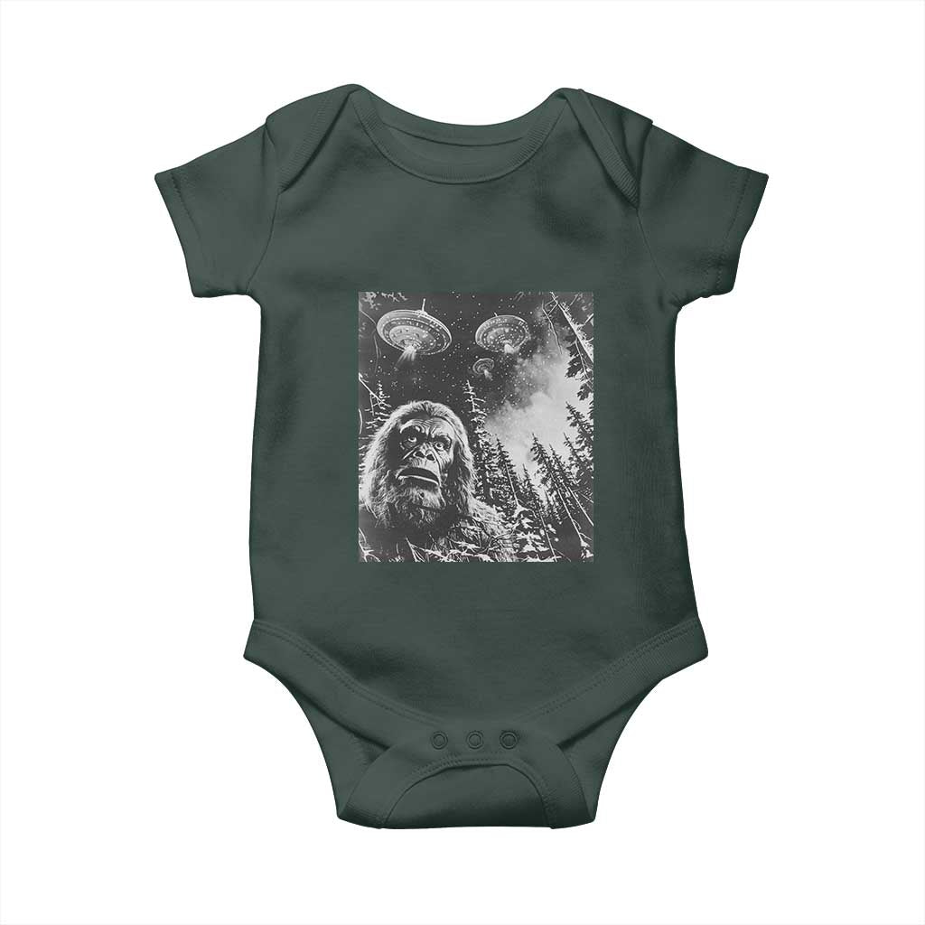 Funny Graphic Bigfoot Selfie with UFOs Weird Baby Onesie