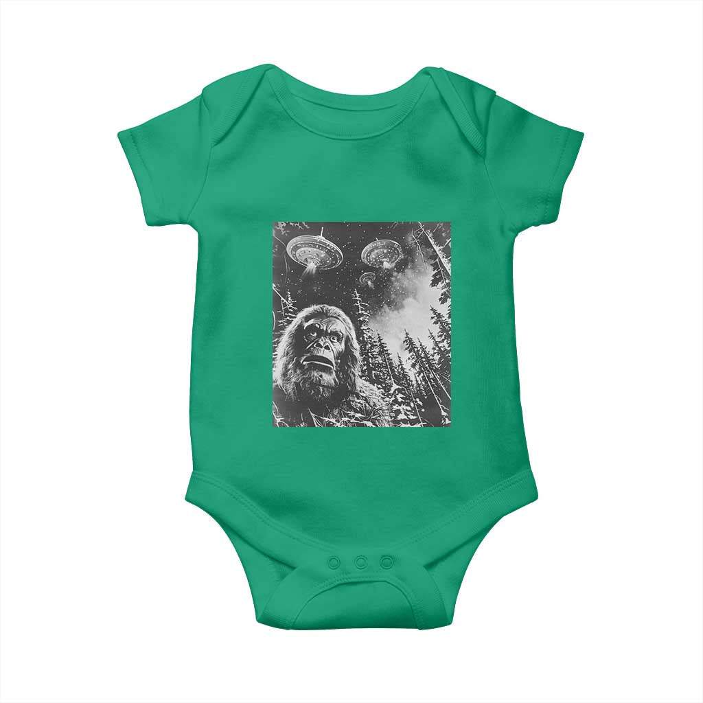 Funny Graphic Bigfoot Selfie with UFOs Weird Baby Onesie