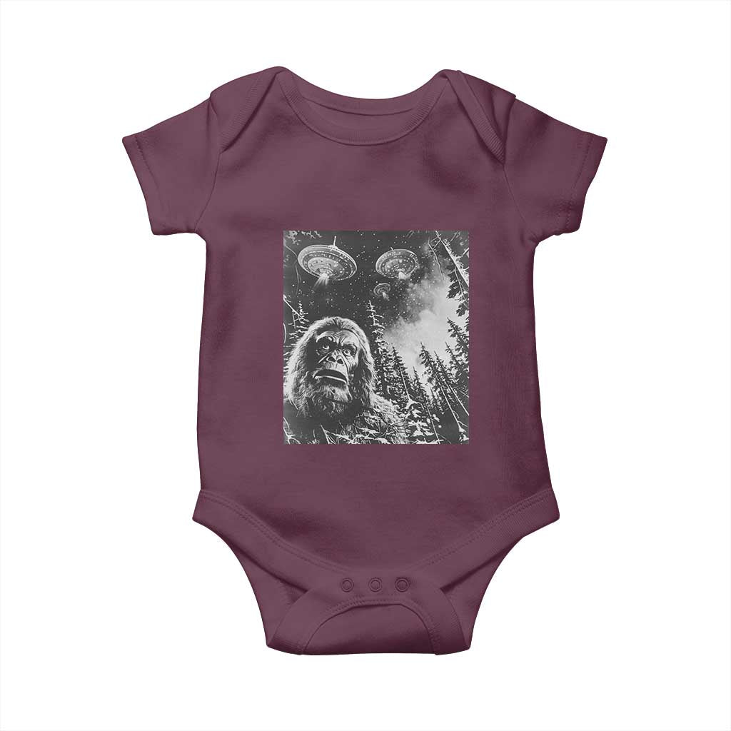 Funny Graphic Bigfoot Selfie with UFOs Weird Baby Onesie