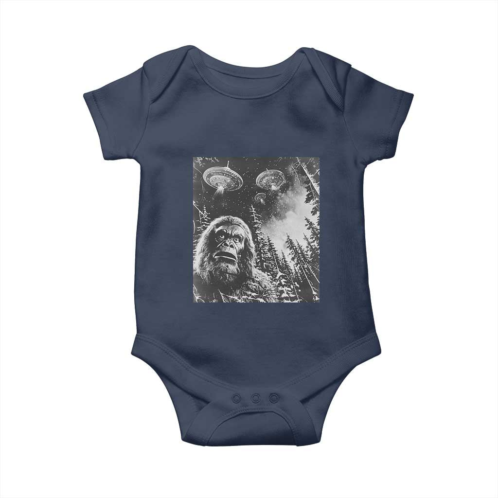 Funny Graphic Bigfoot Selfie with UFOs Weird Baby Onesie