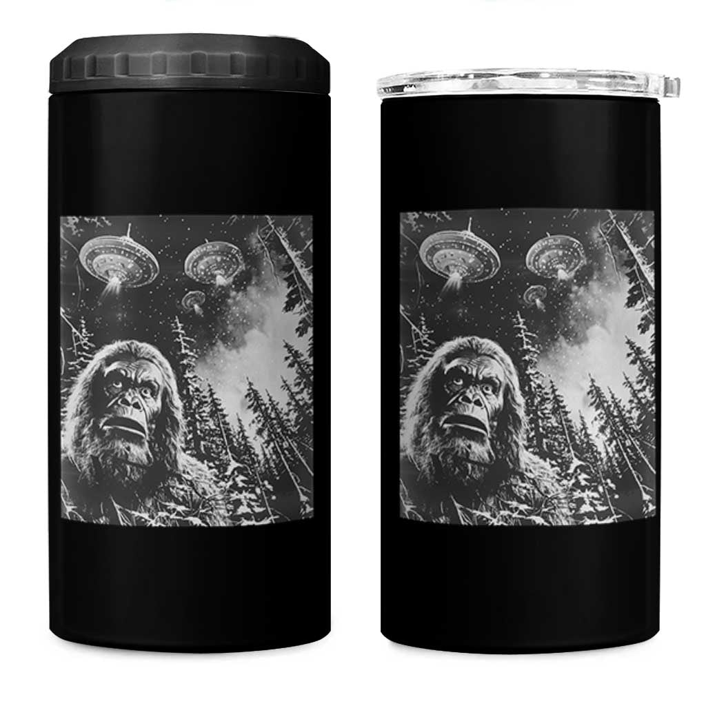 Funny Graphic Bigfoot Selfie with UFOs Weird 4 in 1 Can Cooler Tumbler