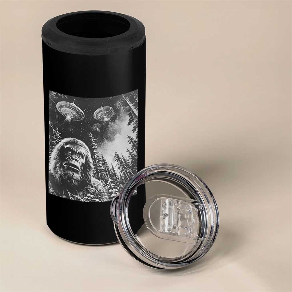 Funny Graphic Bigfoot Selfie with UFOs Weird 4 in 1 Can Cooler Tumbler