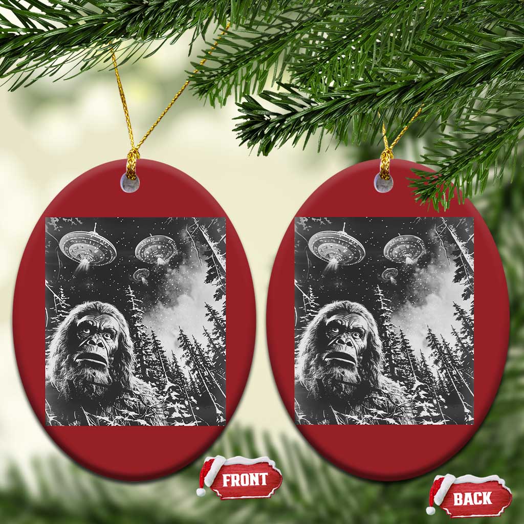 Funny Graphic Bigfoot Selfie with UFOs Weird Christmas Ornament - Wonder Print Shop