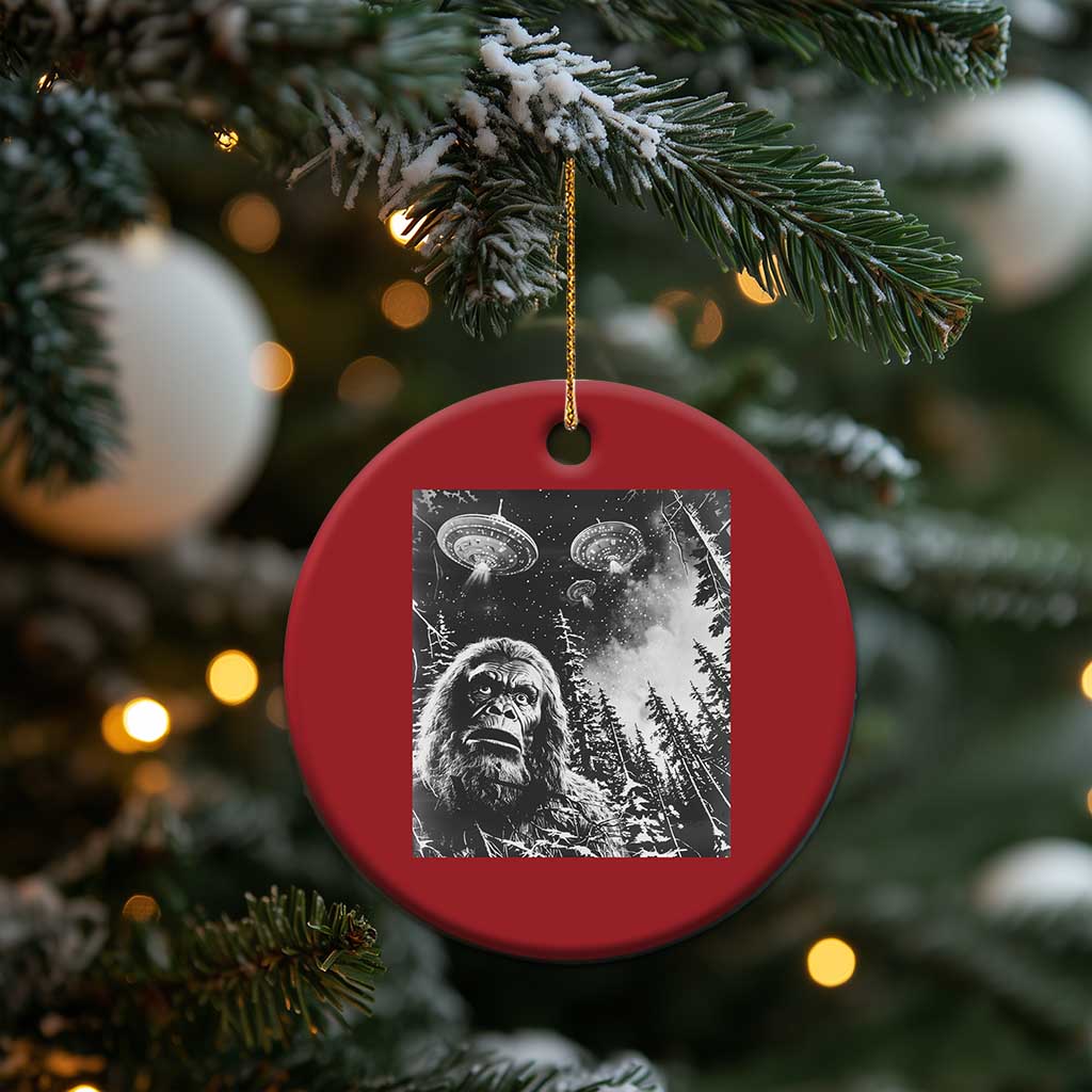 Funny Graphic Bigfoot Selfie with UFOs Weird Christmas Ornament - Wonder Print Shop