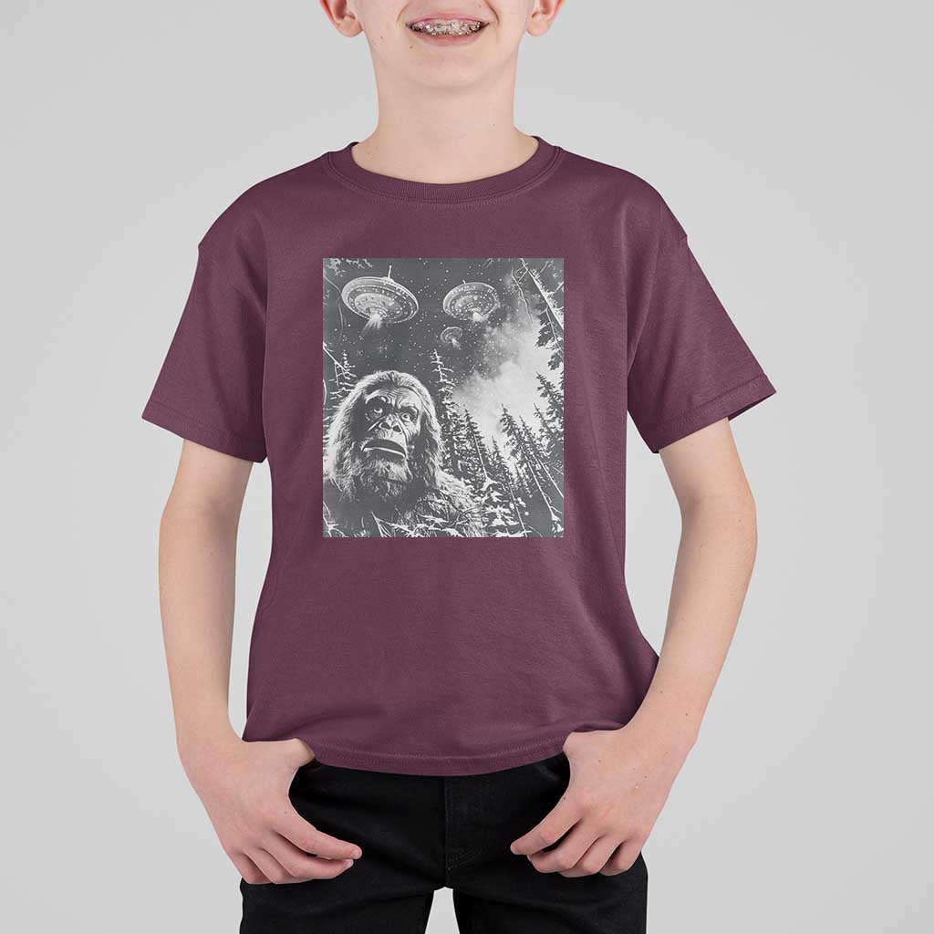 Funny Graphic Bigfoot Selfie with UFOs Weird T Shirt For Kid - Wonder Print Shop