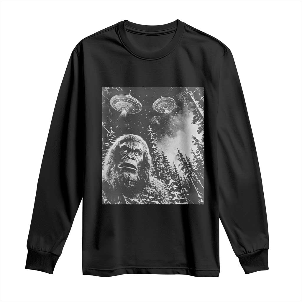 Funny Graphic Bigfoot Selfie with UFOs Weird Long Sleeve Shirt