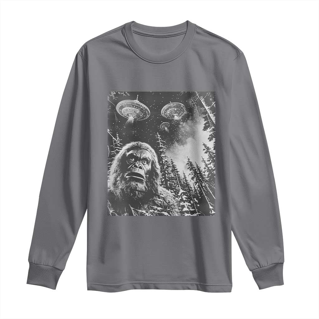 Funny Graphic Bigfoot Selfie with UFOs Weird Long Sleeve Shirt