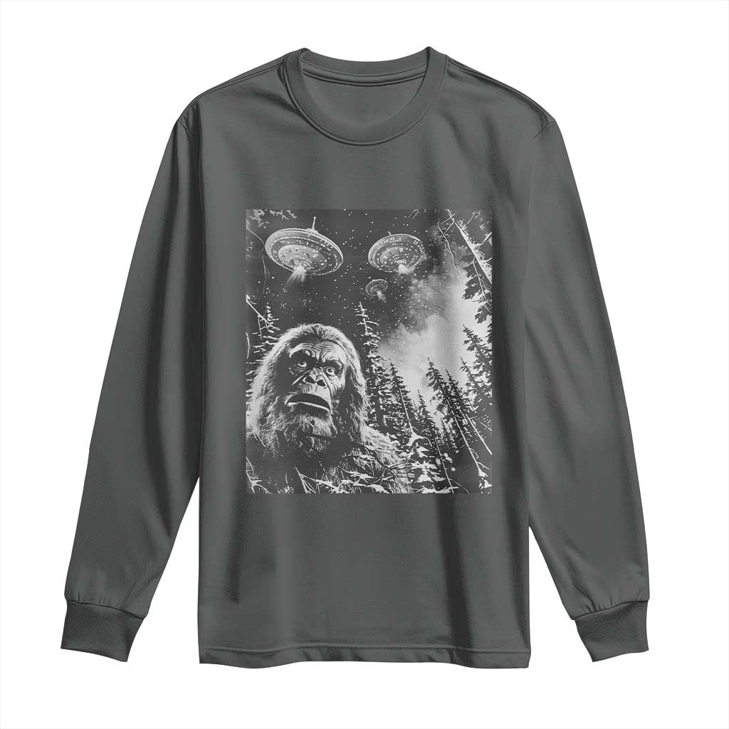 Funny Graphic Bigfoot Selfie with UFOs Weird Long Sleeve Shirt