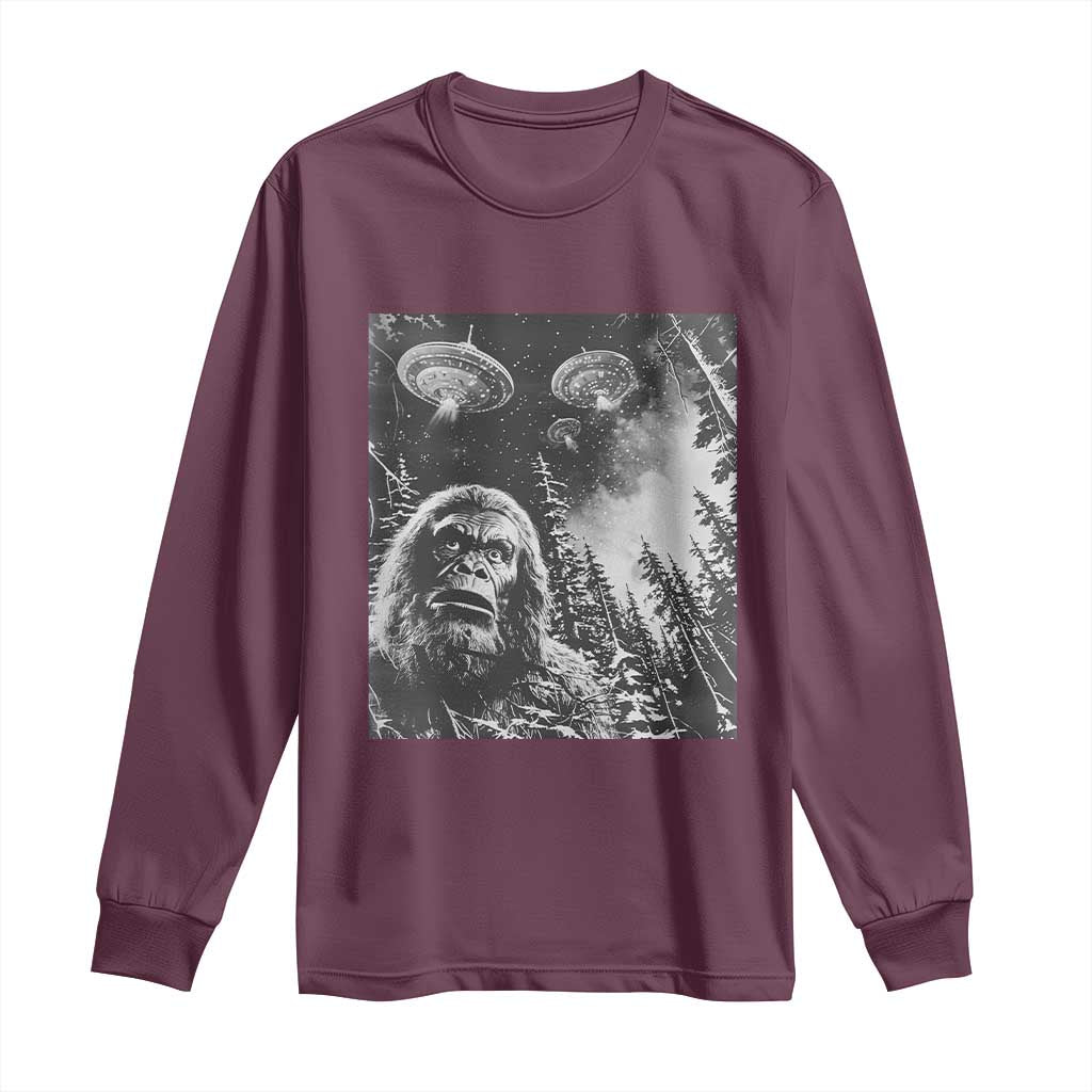 Funny Graphic Bigfoot Selfie with UFOs Weird Long Sleeve Shirt