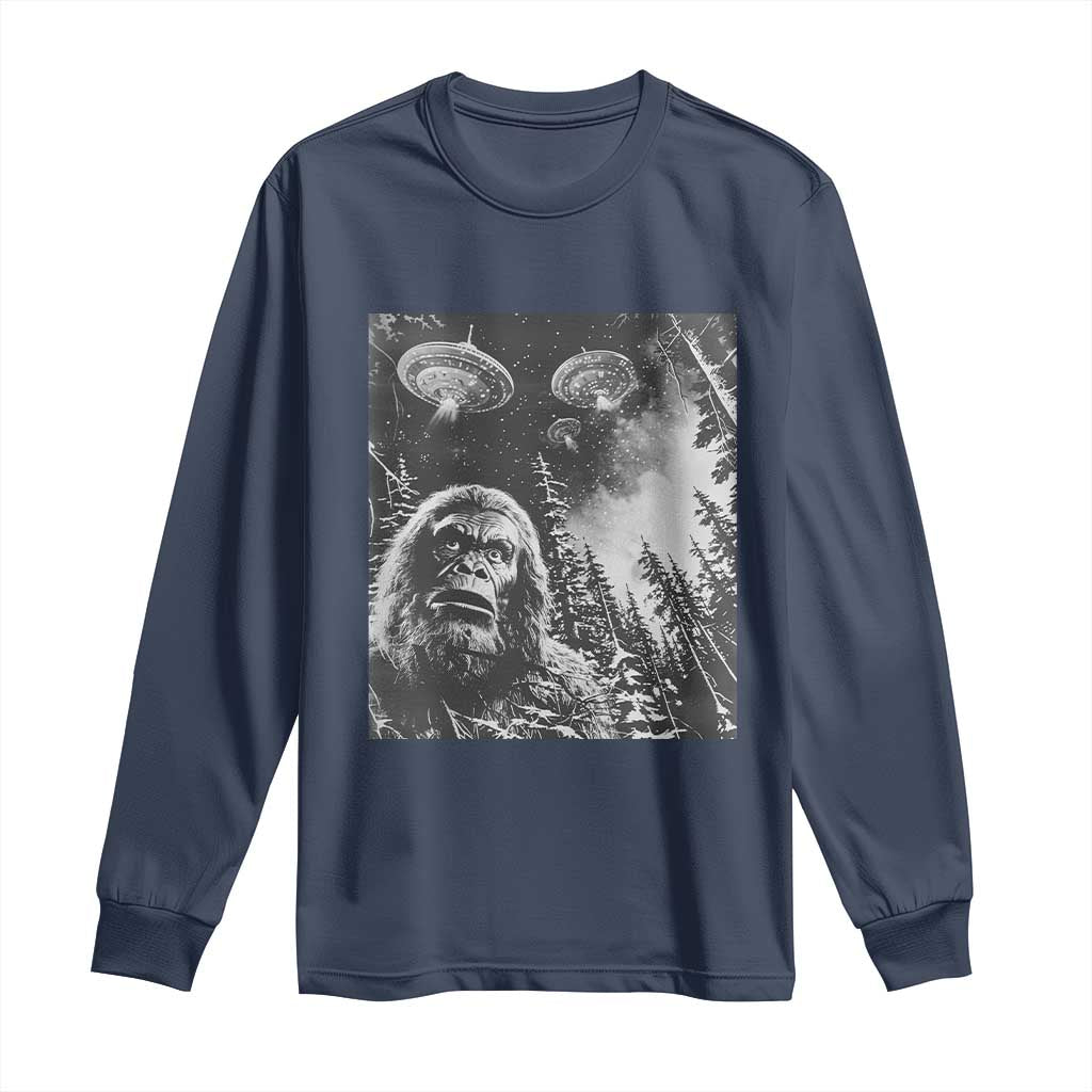 Funny Graphic Bigfoot Selfie with UFOs Weird Long Sleeve Shirt