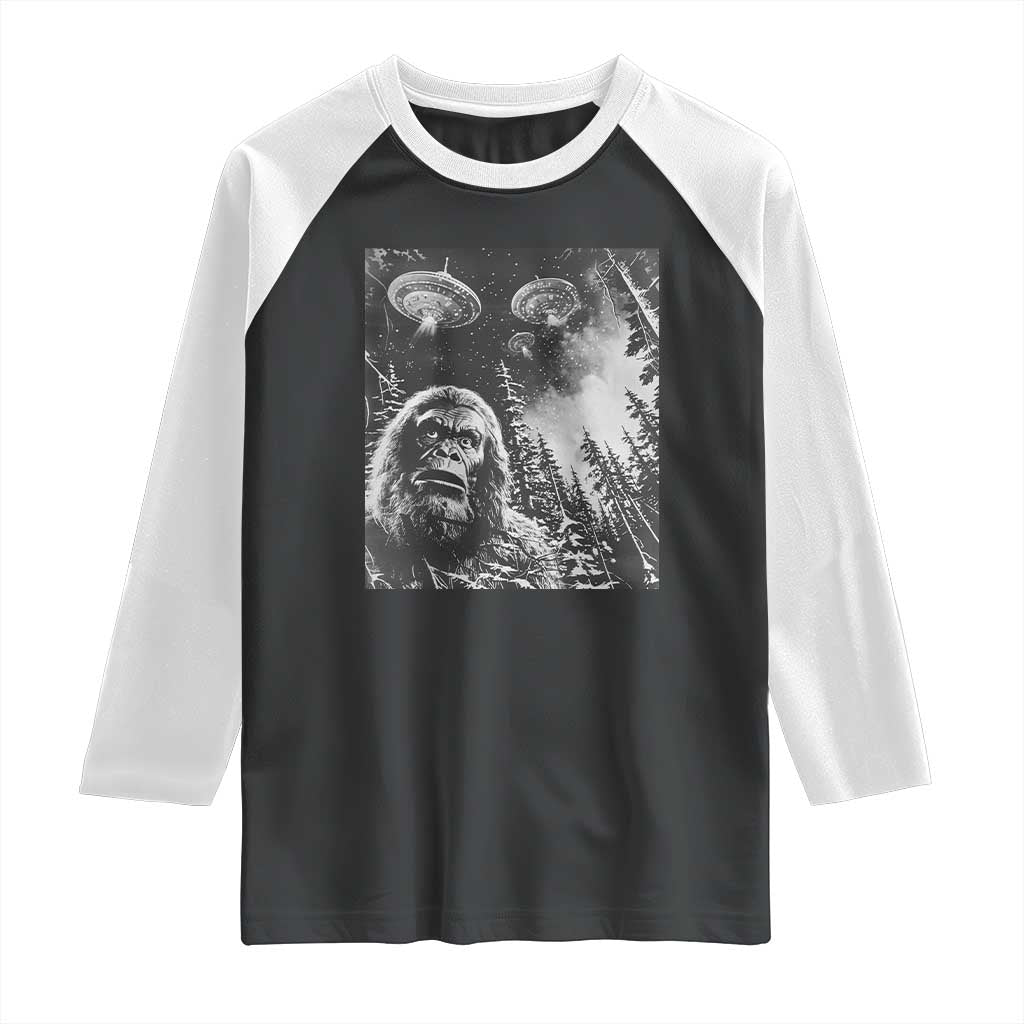 Funny Graphic Bigfoot Selfie with UFOs Weird Raglan Shirt