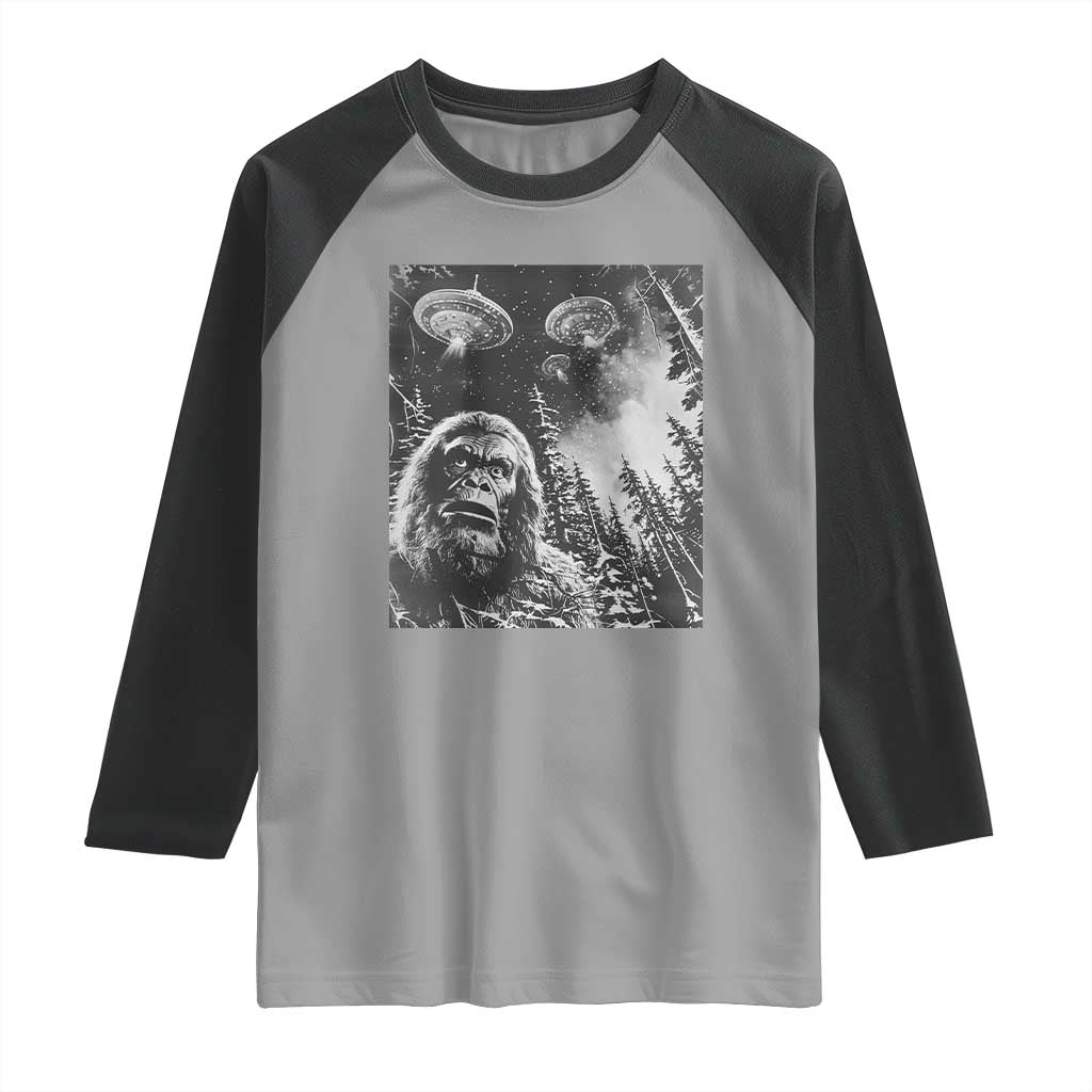 Funny Graphic Bigfoot Selfie with UFOs Weird Raglan Shirt