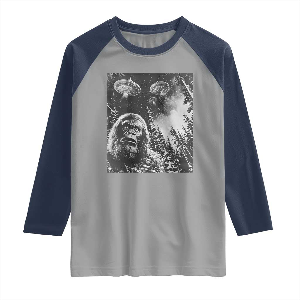 Funny Graphic Bigfoot Selfie with UFOs Weird Raglan Shirt