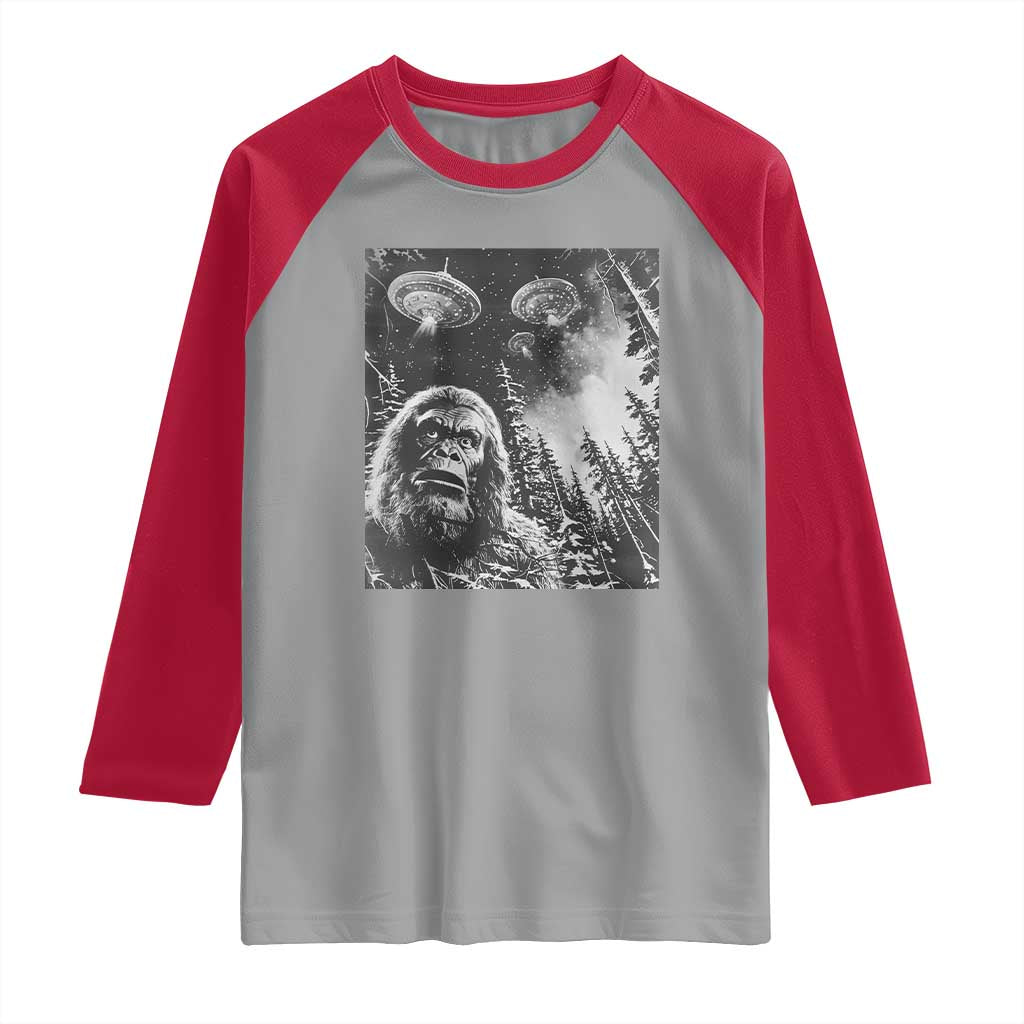 Funny Graphic Bigfoot Selfie with UFOs Weird Raglan Shirt