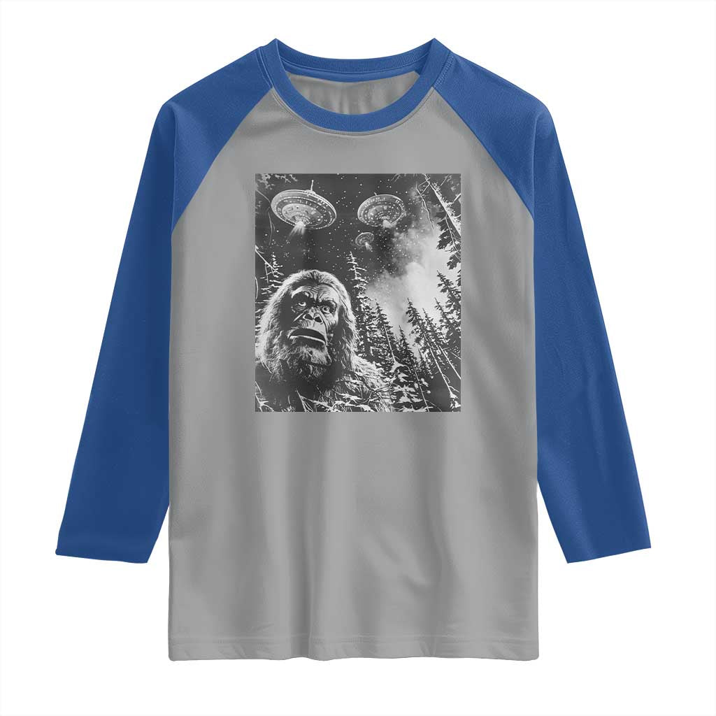 Funny Graphic Bigfoot Selfie with UFOs Weird Raglan Shirt