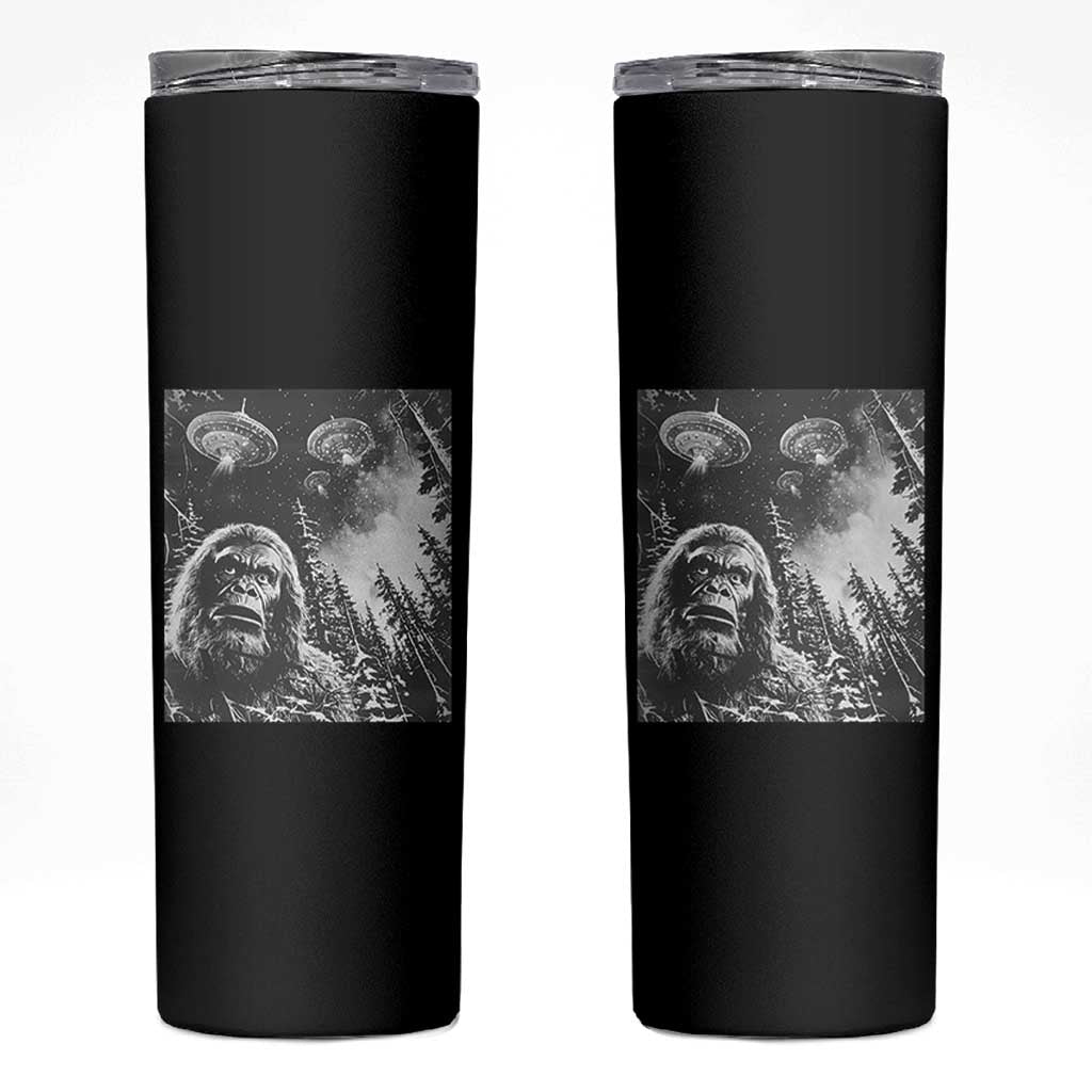 Funny Graphic Bigfoot Selfie with UFOs Weird Skinny Tumbler