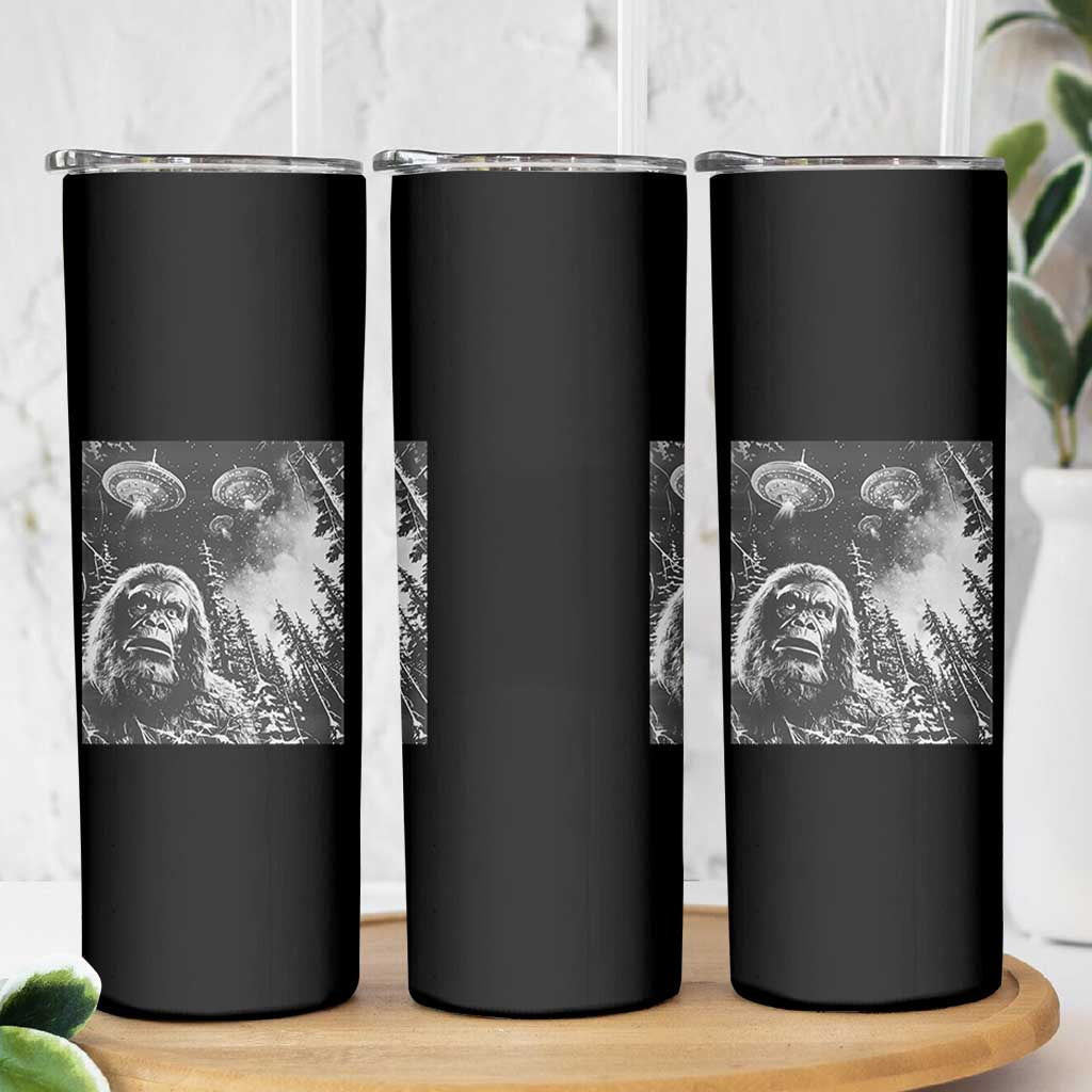 Funny Graphic Bigfoot Selfie with UFOs Weird Skinny Tumbler