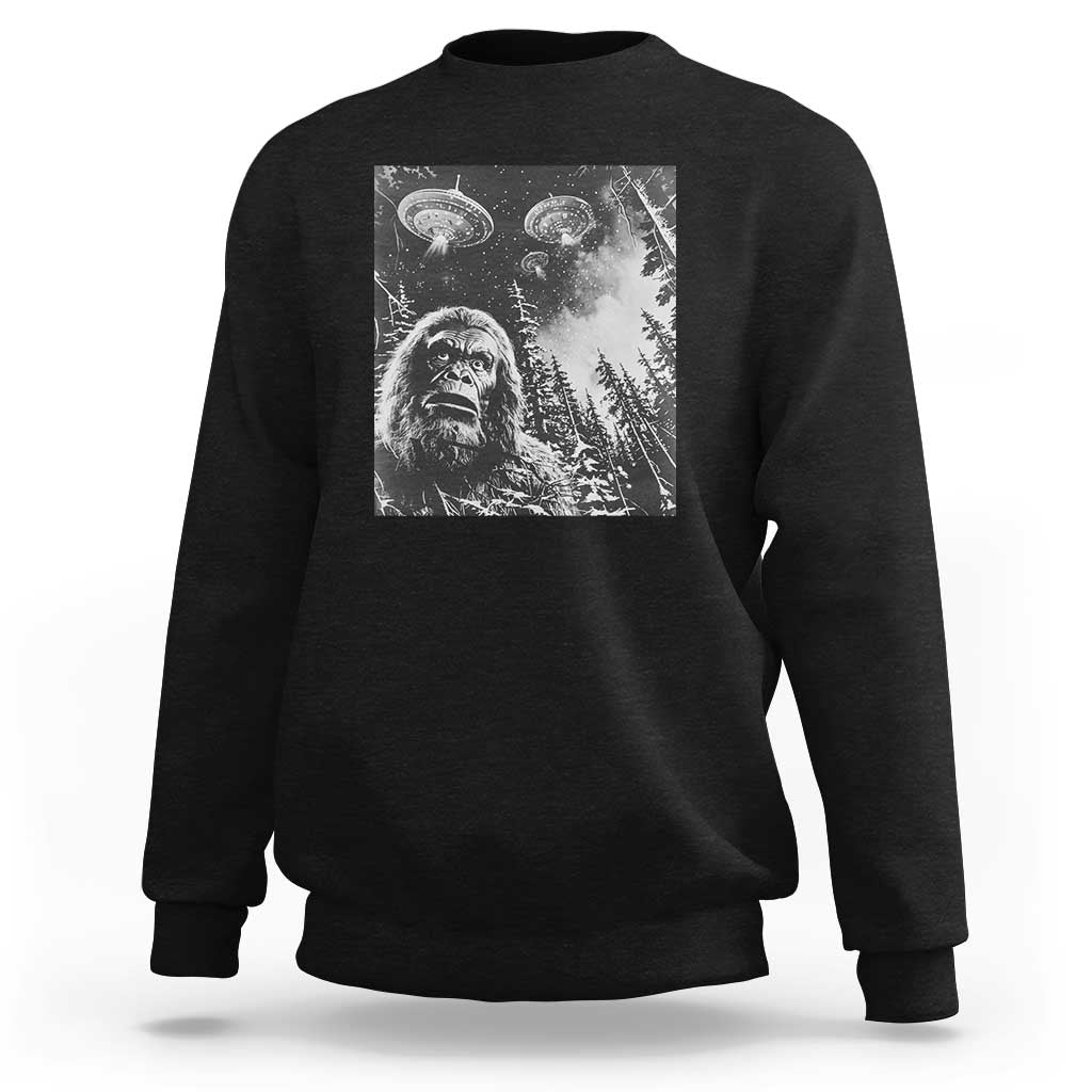 Funny Graphic Bigfoot Selfie with UFOs Weird Sweatshirt - Wonder Print Shop