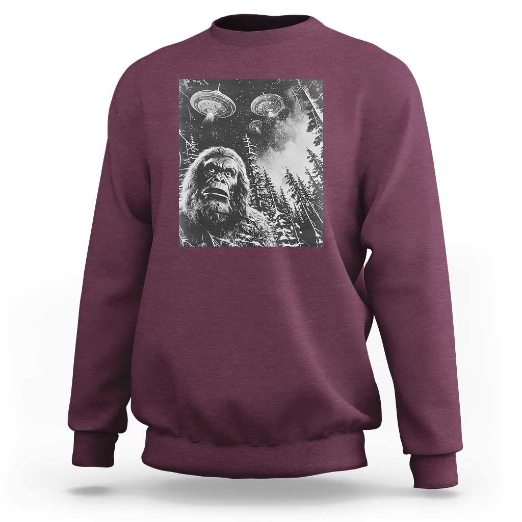 Funny Graphic Bigfoot Selfie with UFOs Weird Sweatshirt - Wonder Print Shop