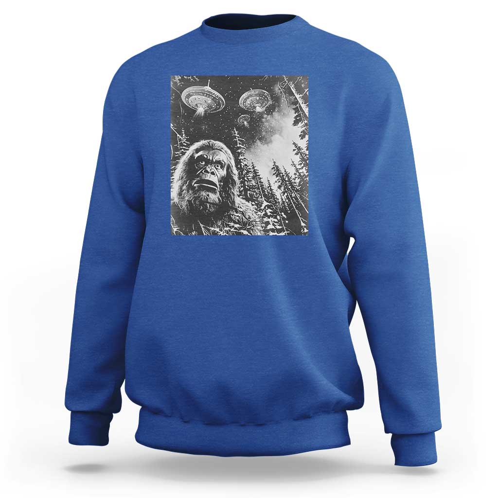 Funny Graphic Bigfoot Selfie with UFOs Weird Sweatshirt - Wonder Print Shop