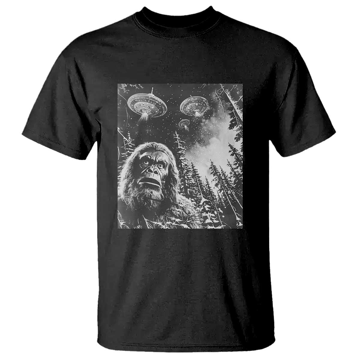 Funny Graphic Bigfoot Selfie with UFOs Weird T Shirt - Wonder Print Shop
