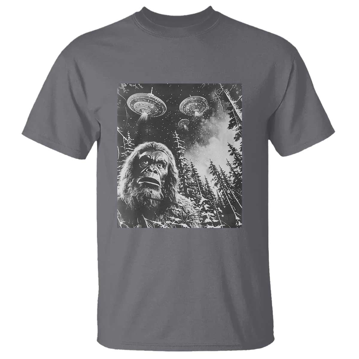 Funny Graphic Bigfoot Selfie with UFOs Weird T Shirt - Wonder Print Shop