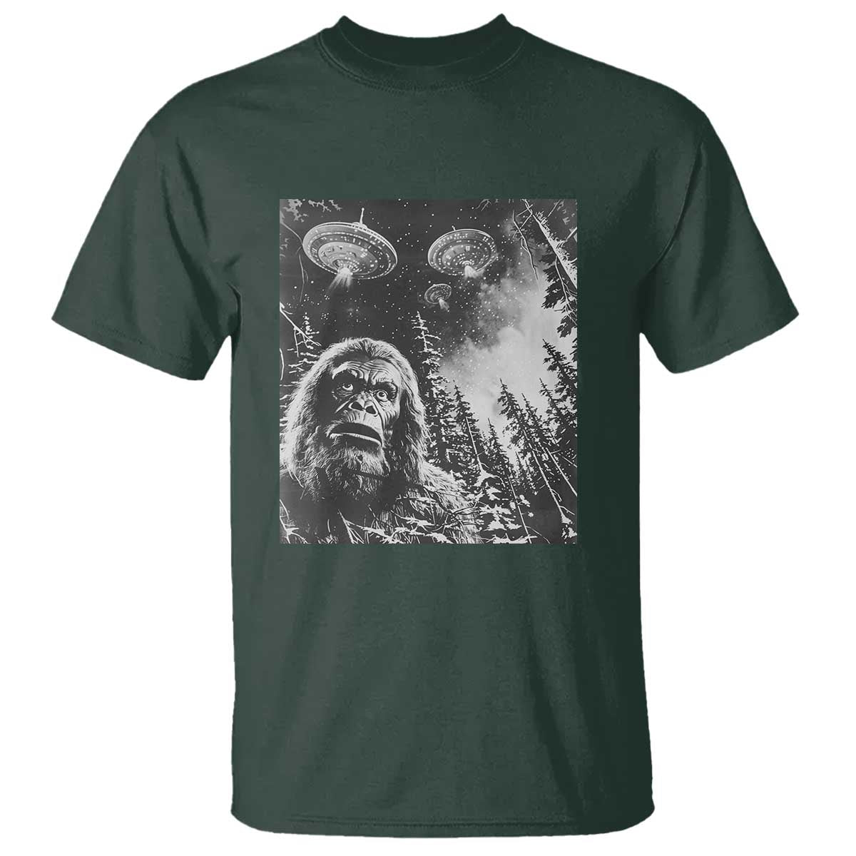 Funny Graphic Bigfoot Selfie with UFOs Weird T Shirt - Wonder Print Shop