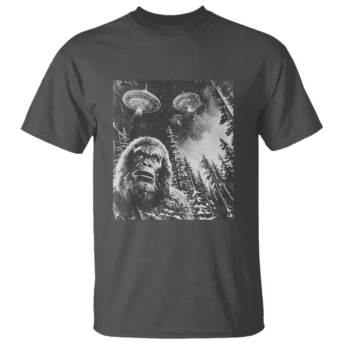 Funny Graphic Bigfoot Selfie with UFOs Weird T Shirt - Wonder Print Shop