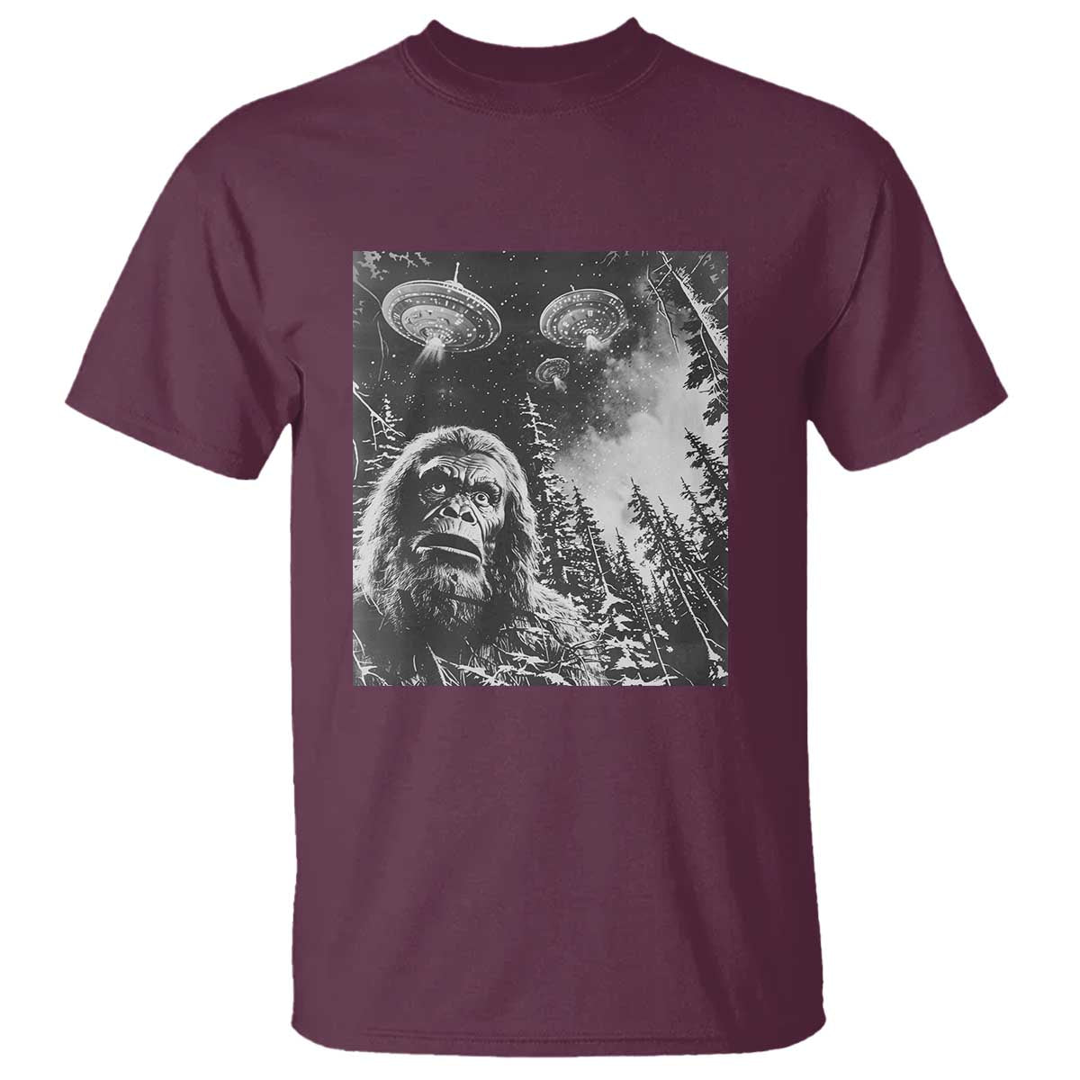 Funny Graphic Bigfoot Selfie with UFOs Weird T Shirt - Wonder Print Shop