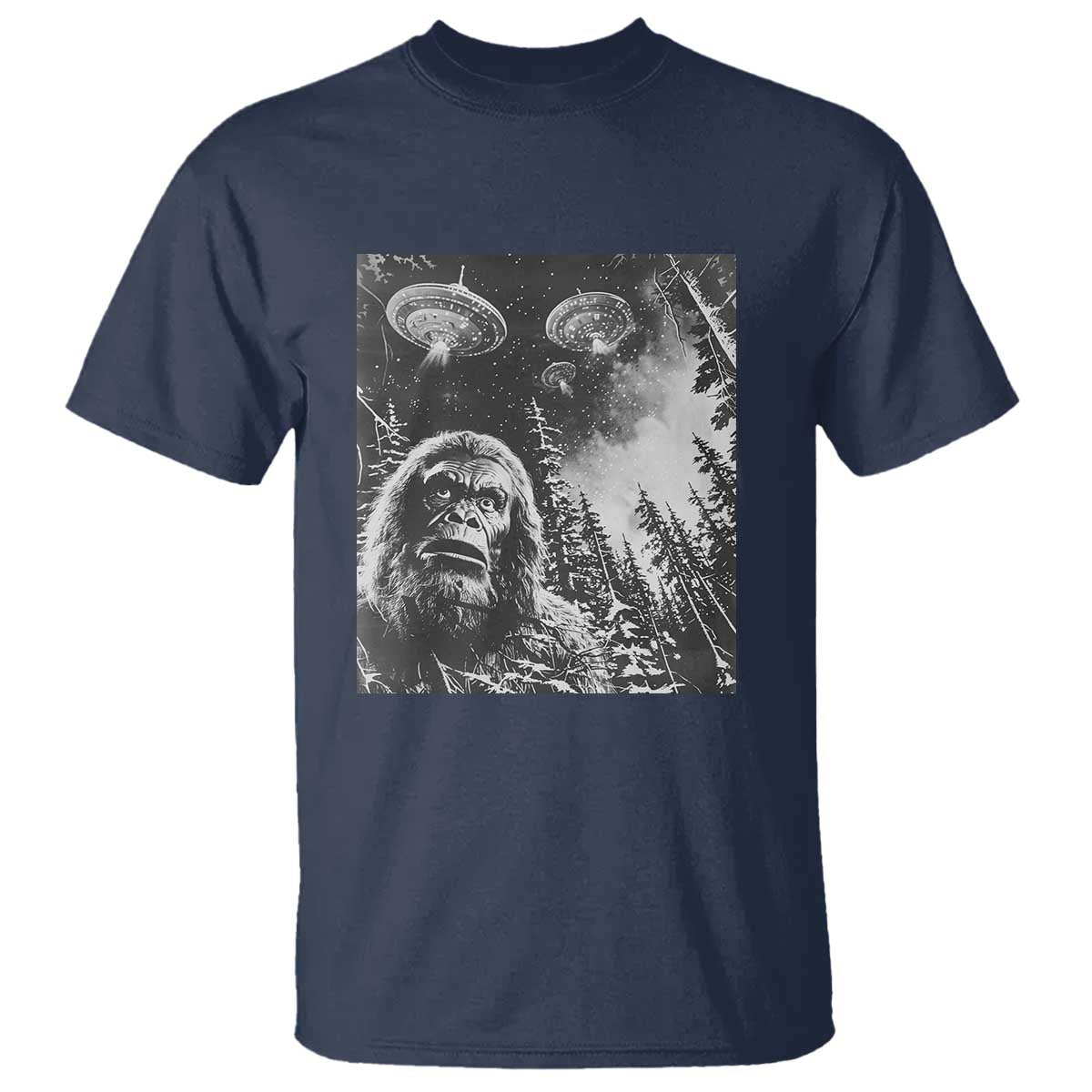 Funny Graphic Bigfoot Selfie with UFOs Weird T Shirt - Wonder Print Shop