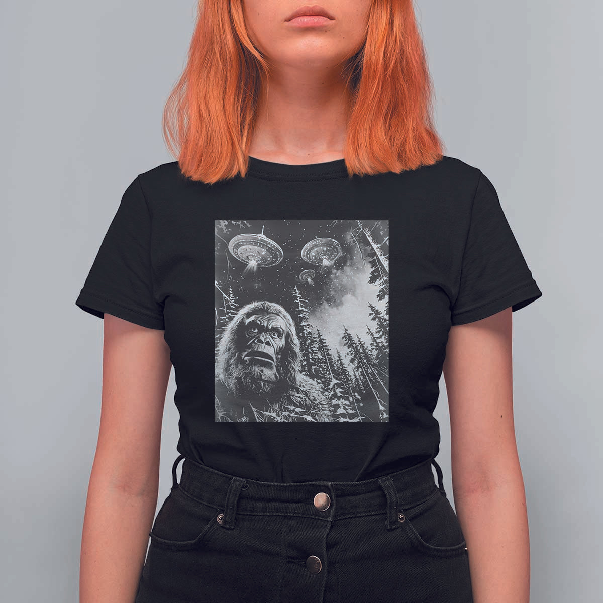 Funny Graphic Bigfoot Selfie with UFOs Weird T Shirt For Women - Wonder Print Shop