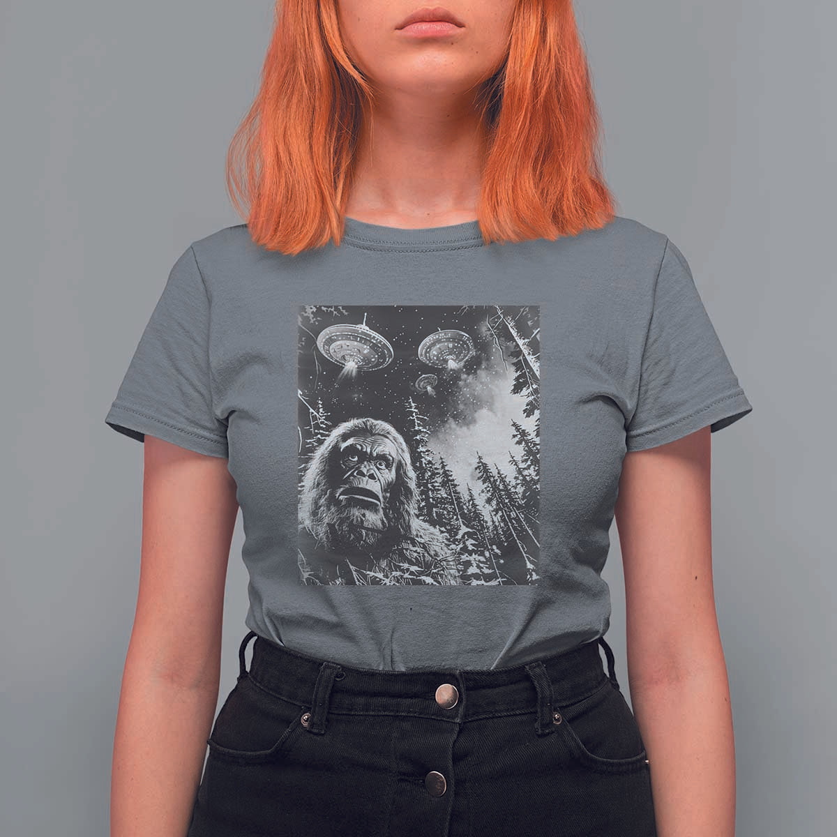 Funny Graphic Bigfoot Selfie with UFOs Weird T Shirt For Women - Wonder Print Shop