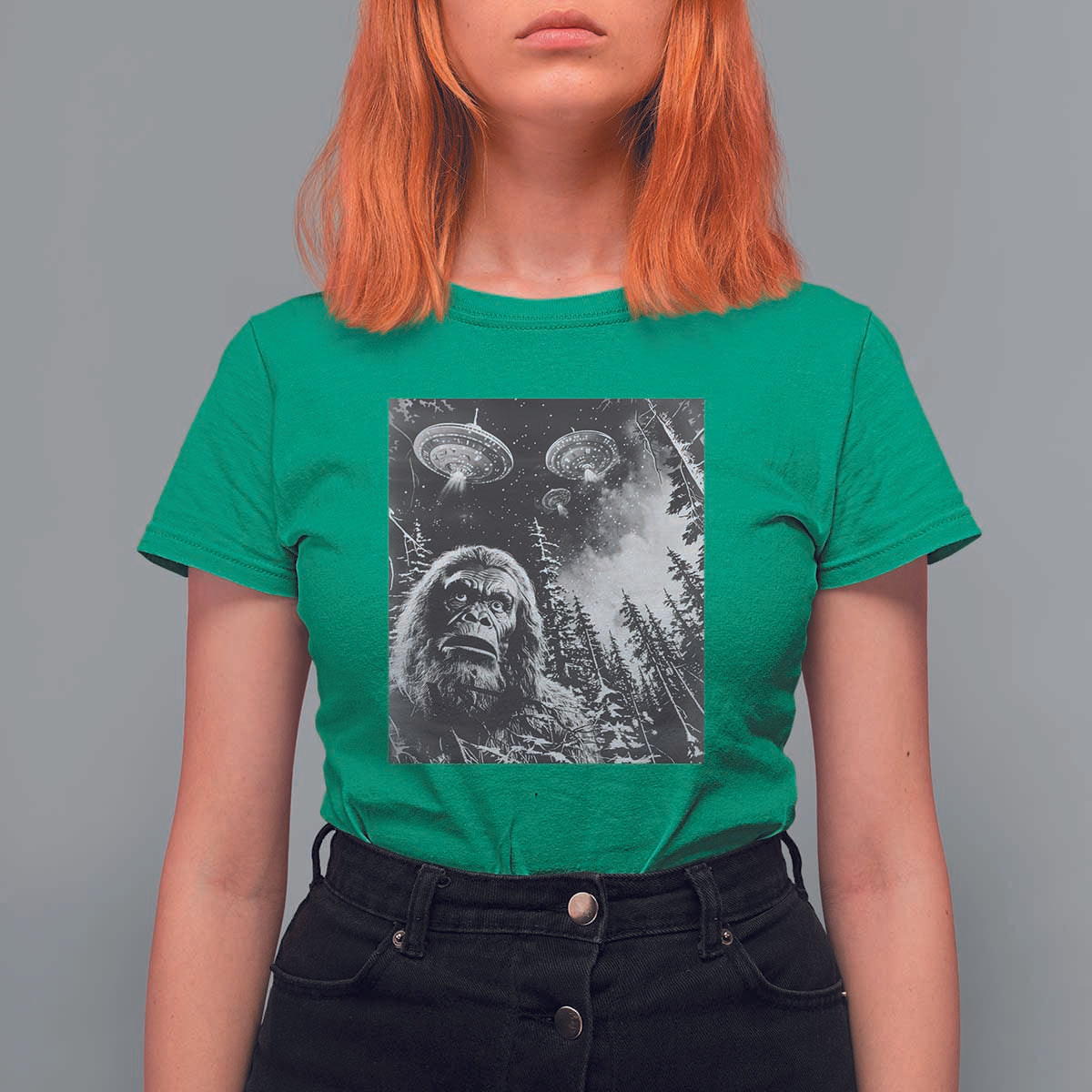 Funny Graphic Bigfoot Selfie with UFOs Weird T Shirt For Women - Wonder Print Shop