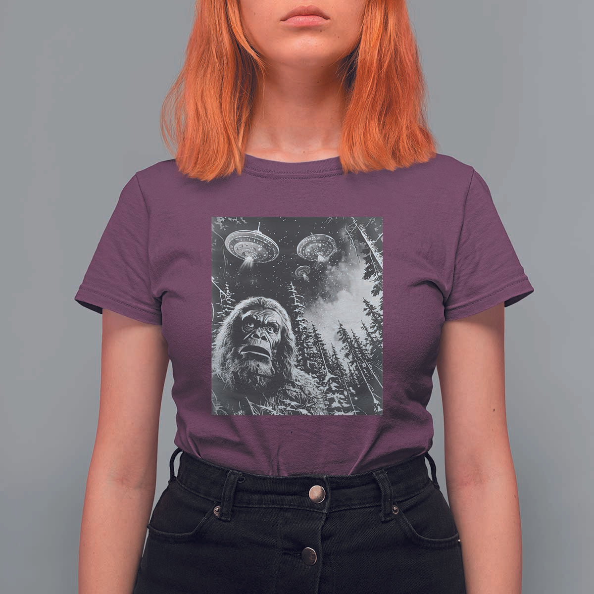 Funny Graphic Bigfoot Selfie with UFOs Weird T Shirt For Women - Wonder Print Shop