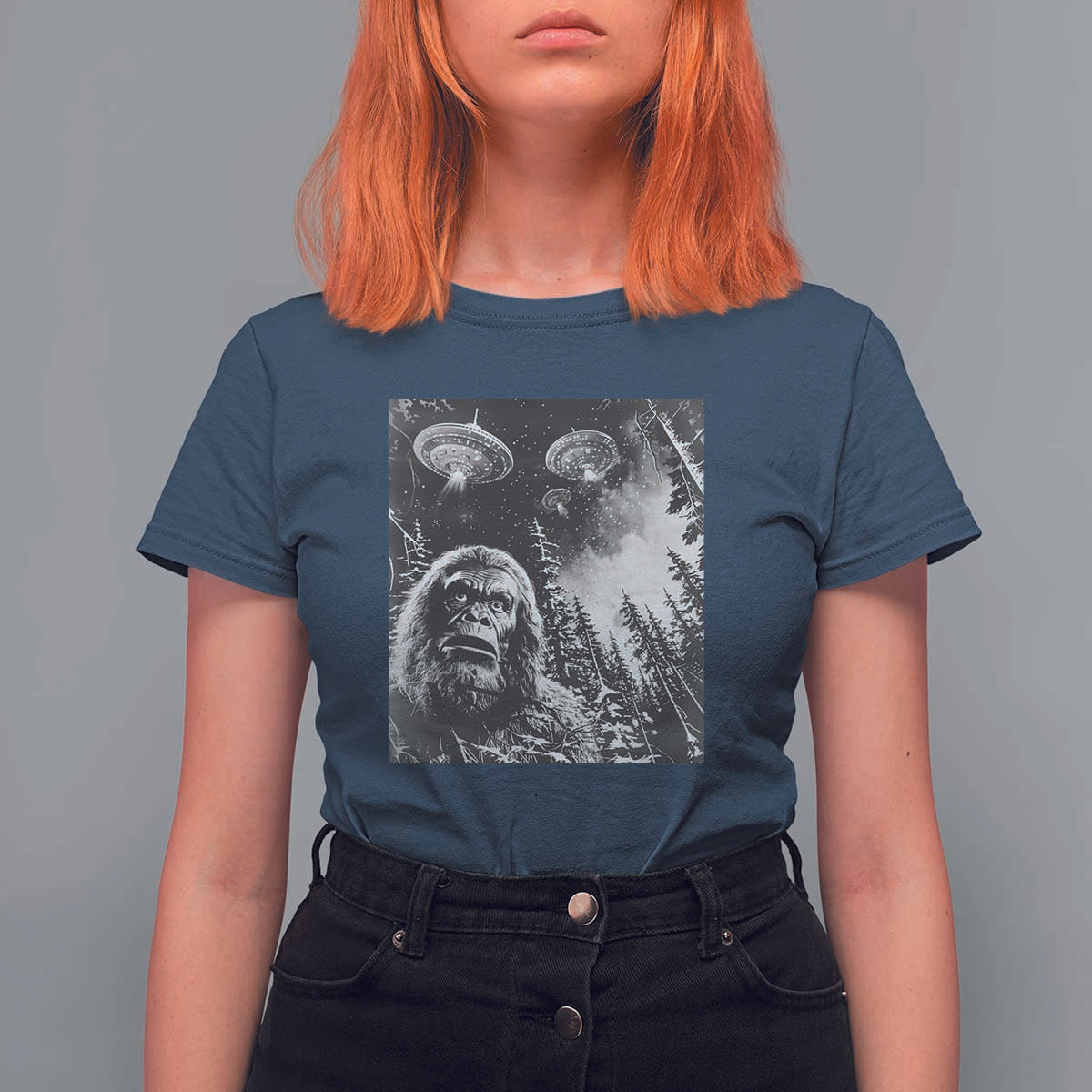 Funny Graphic Bigfoot Selfie with UFOs Weird T Shirt For Women - Wonder Print Shop