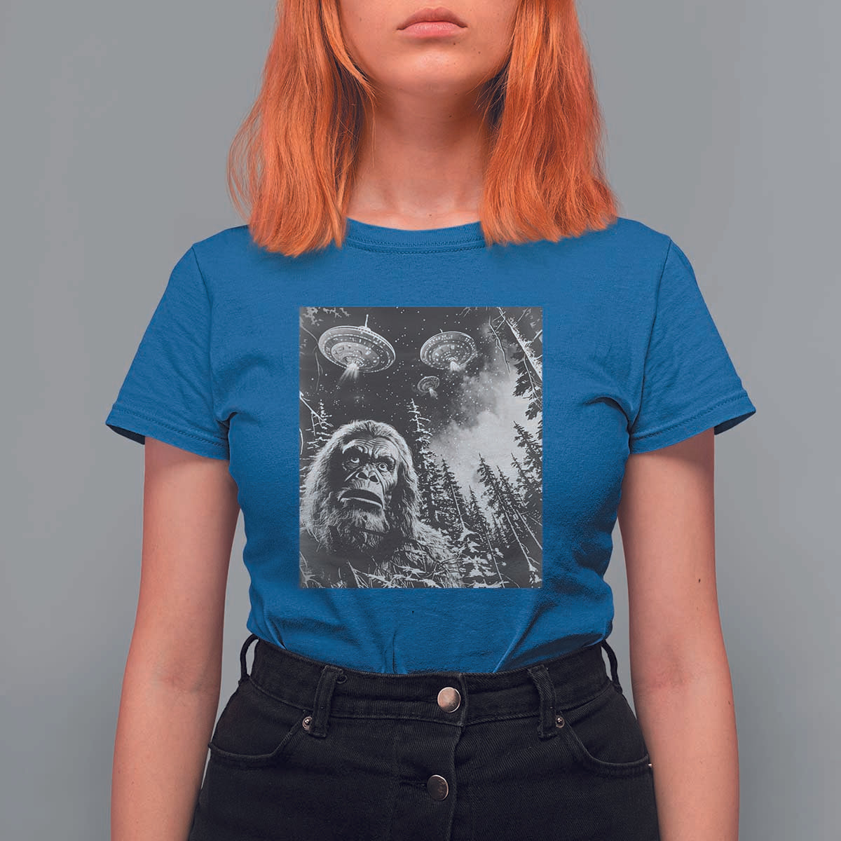 Funny Graphic Bigfoot Selfie with UFOs Weird T Shirt For Women - Wonder Print Shop