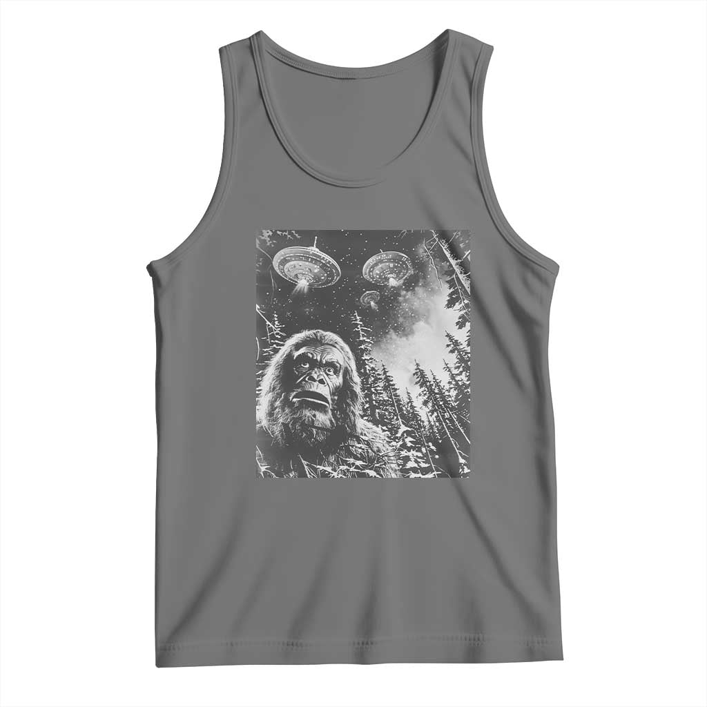 Funny Graphic Bigfoot Selfie with UFOs Weird Tank Top