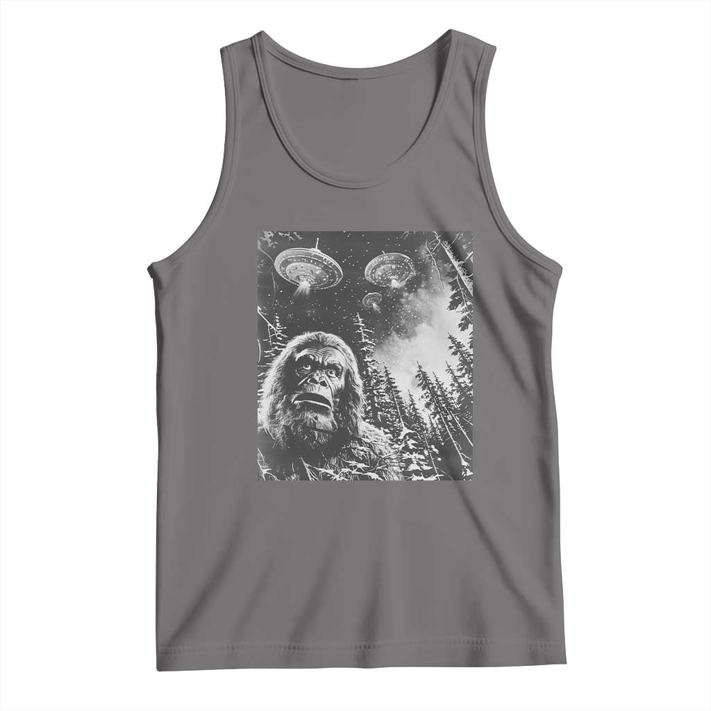 Funny Graphic Bigfoot Selfie with UFOs Weird Tank Top