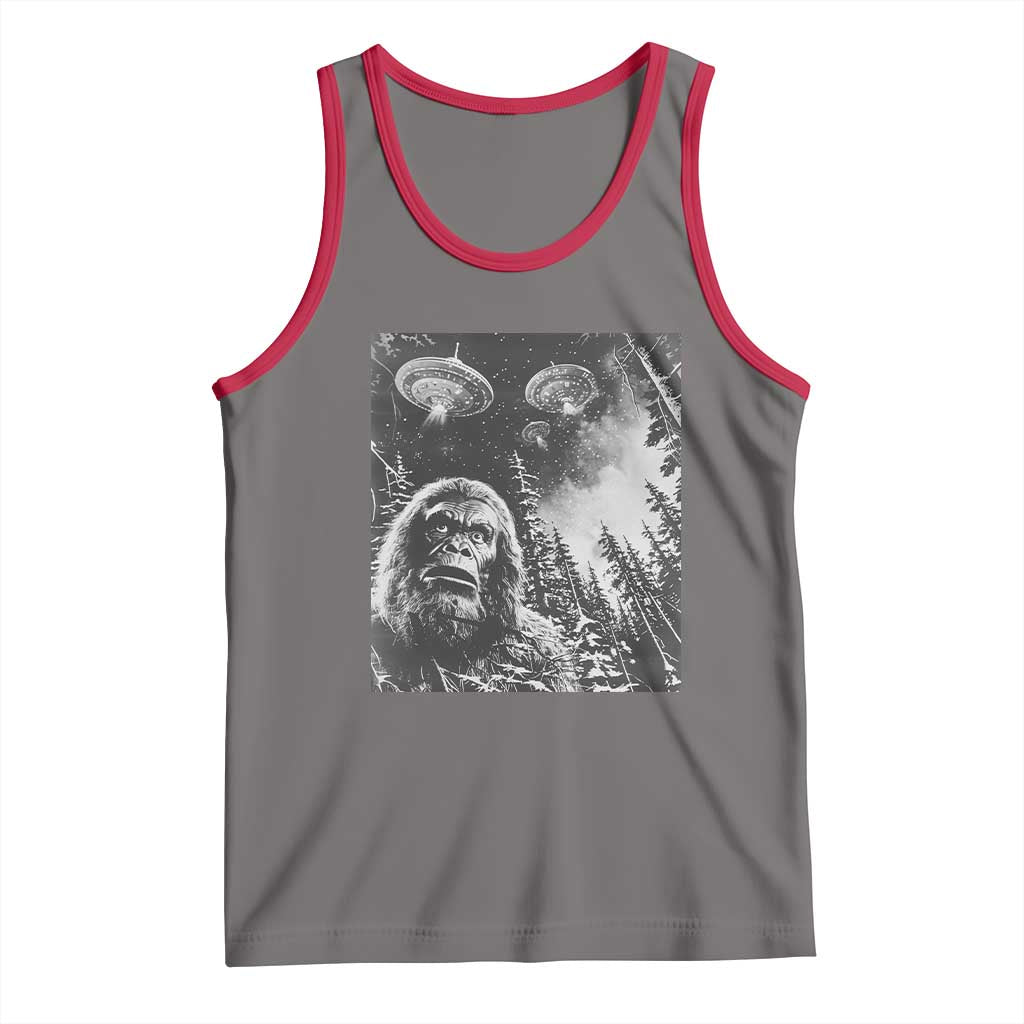 Funny Graphic Bigfoot Selfie with UFOs Weird Tank Top