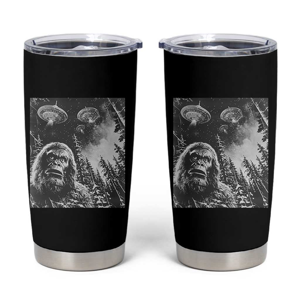 Funny Graphic Bigfoot Selfie with UFOs Weird Tumbler Cup
