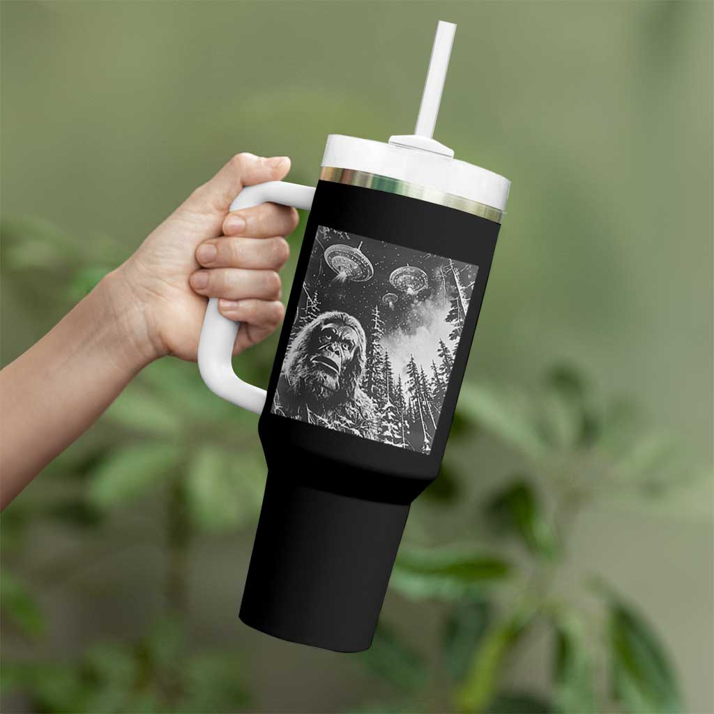 Funny Graphic Bigfoot Selfie with UFOs Weird Tumbler With Handle
