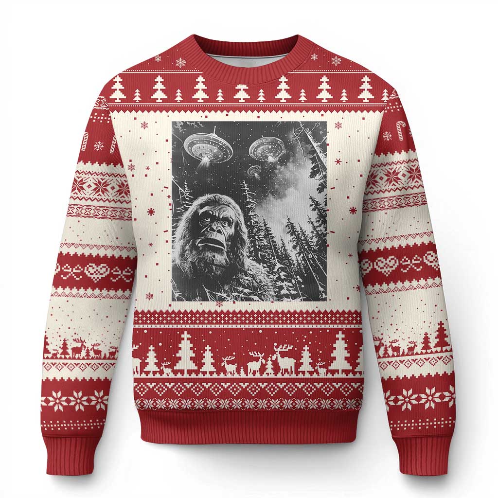 Funny Graphic Bigfoot Selfie with UFOs Weird Ugly Christmas Sweater - Wonder Print Shop